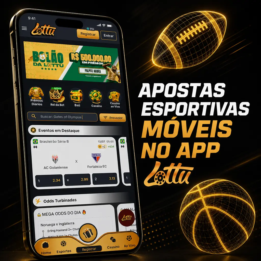 Apostas esportivas no app Lottu com mercados Ao Vivo e Pré-jogo para futebol, basquete, tênis, vôlei, MMA e eSports.