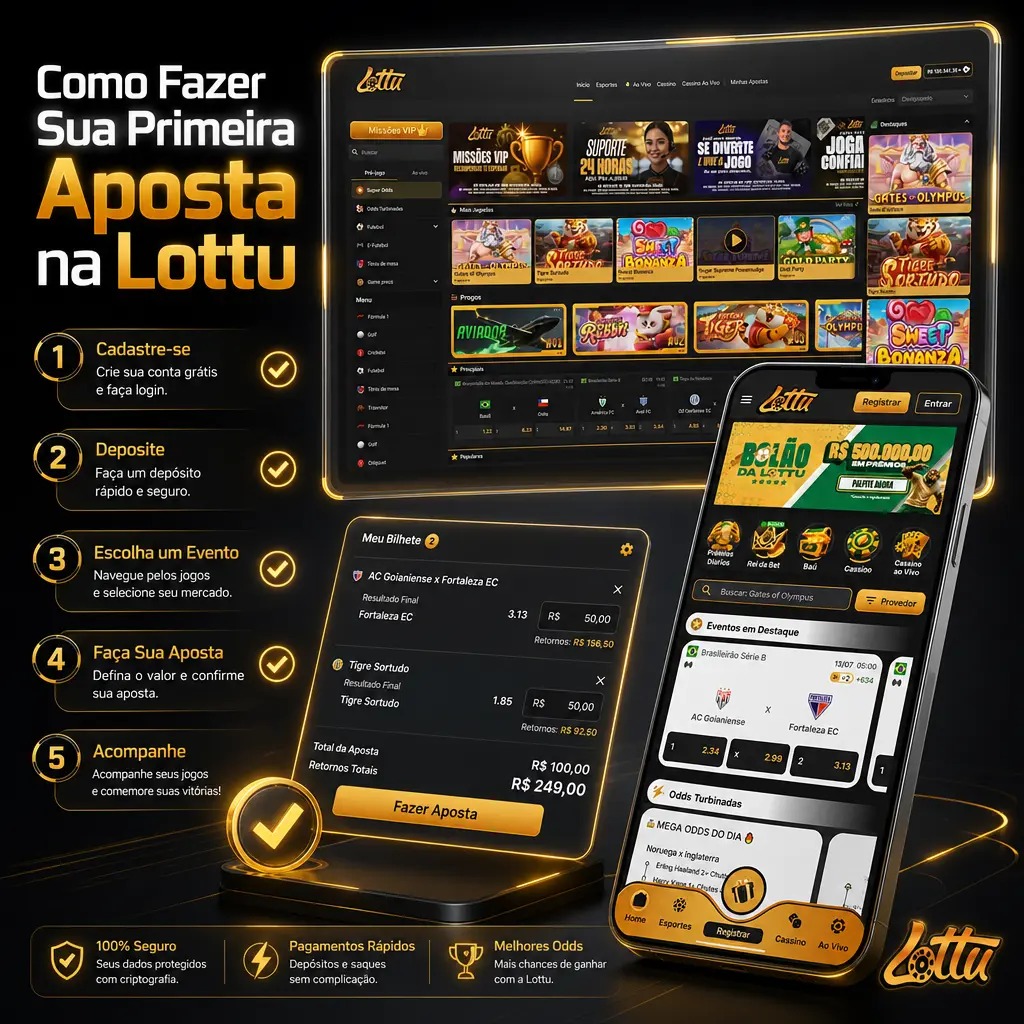 Passo a passo para fazer a primeira aposta na Lottu: cadastro, depósito via PIX, escolha do evento e confirmação do bilhete.