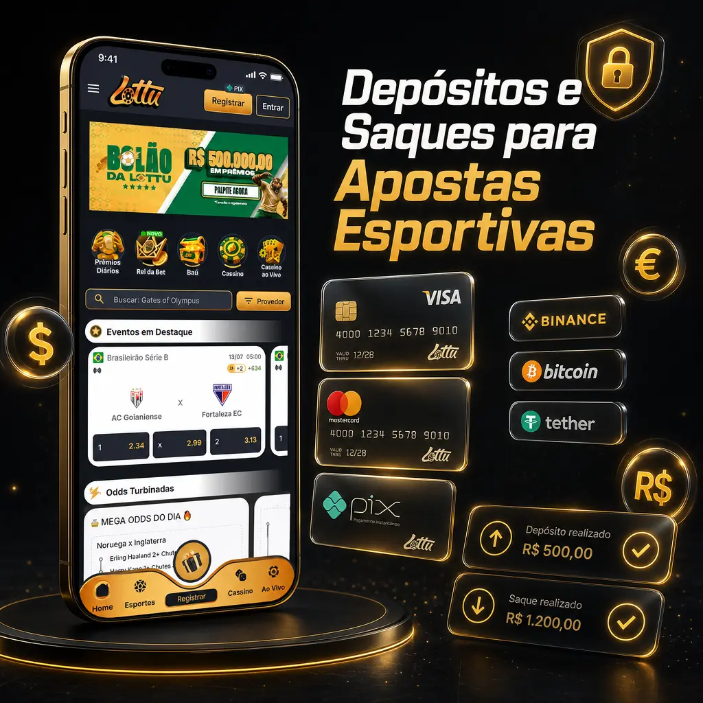 Depósitos e saques na Lottu via PIX e criptomoedas para apostas esportivas, com prazos e valores mínimos indicados.