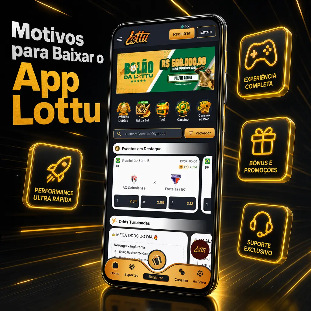 App Lottu com apostas rápidas, PIX, notificações push, login biométrico e cassino ao vivo estável no celular.
