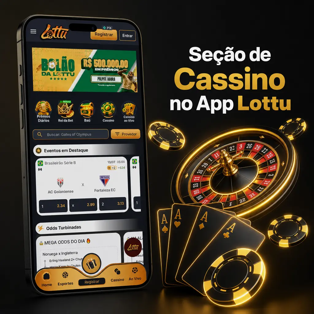 Seção de cassino do app Lottu com slots, mesa, cassino ao vivo, crash games e bingo eletrônico organizados por categorias.