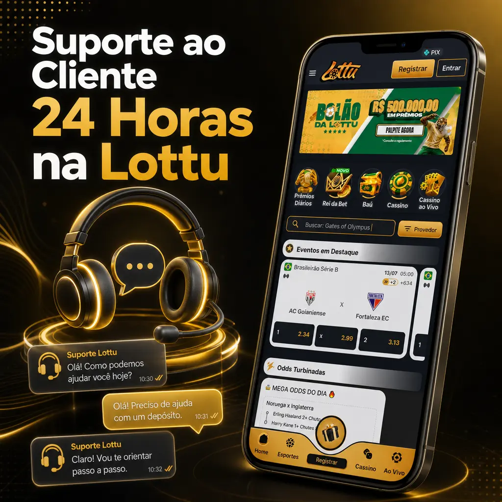 Suporte ao cliente 24 horas da Lottu, com chat ao vivo e e-mail para dúvidas sobre depósitos e saques.