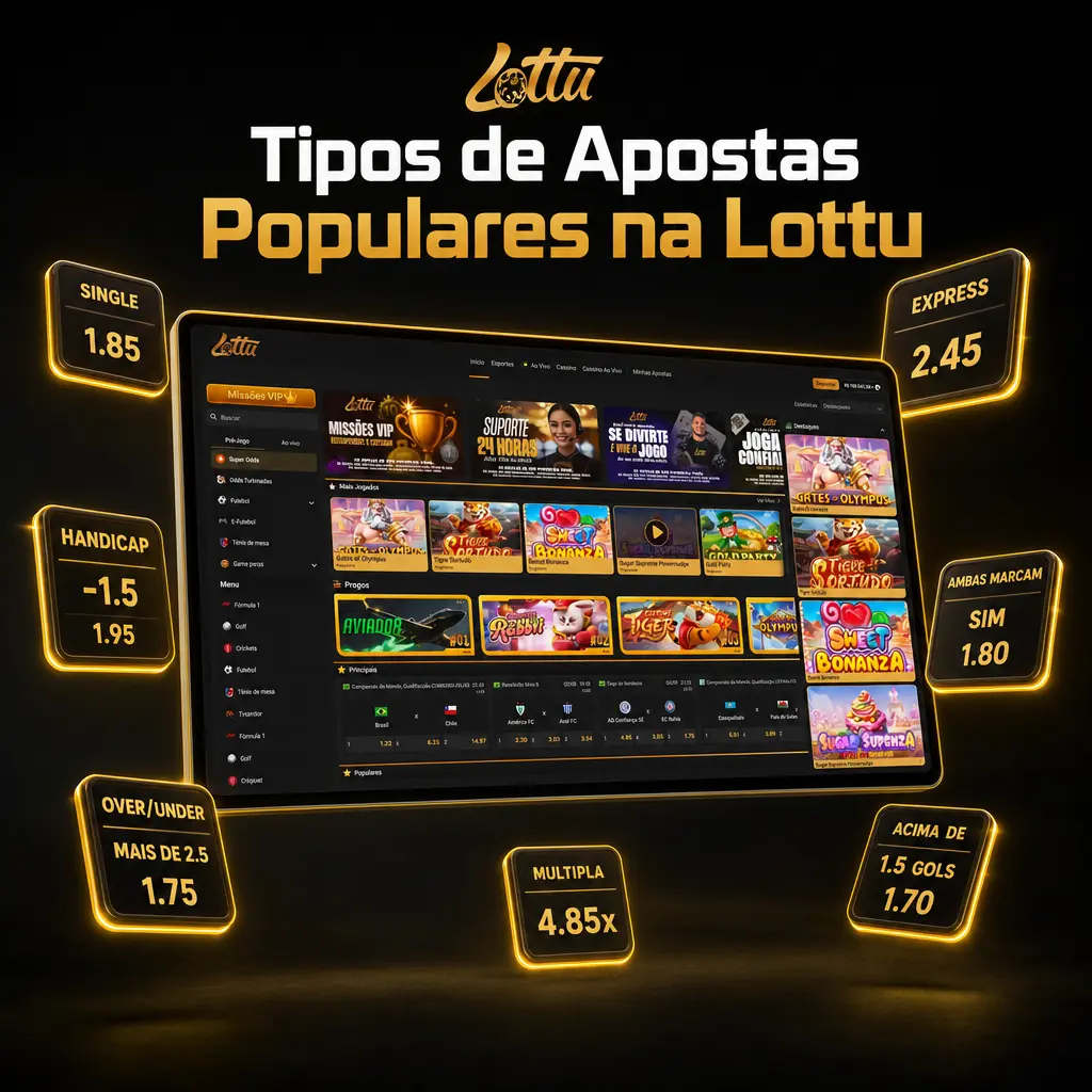 Tipos de apostas na Lottu: simples, múltipla, sistema, handicap asiático, ao vivo e construtor de apostas.